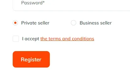 Bottom of the Vehica registration form on the front end: password field, Private seller and Business seller radio buttons, a checkbox reading “I accept the terms and conditions” with the last words as an orange link, and the Register button.