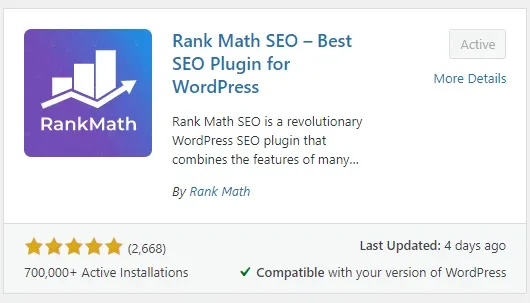 The Rank Math SEO plugin card in the WordPress plugin browser, showing the button as Active, a five-star rating with 2,668 ratings and 700,000+ active installations