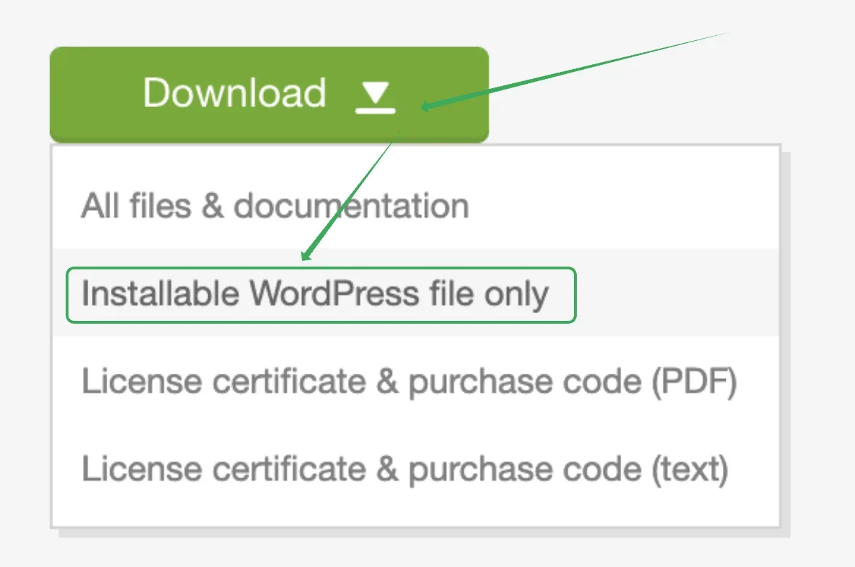 The green Download menu on ThemeForest, opened to show All files & documentation, Installable WordPress file only (outlined and marked with an arrow), License certificate & purchase code (PDF) and License certificate & purchase code (text).