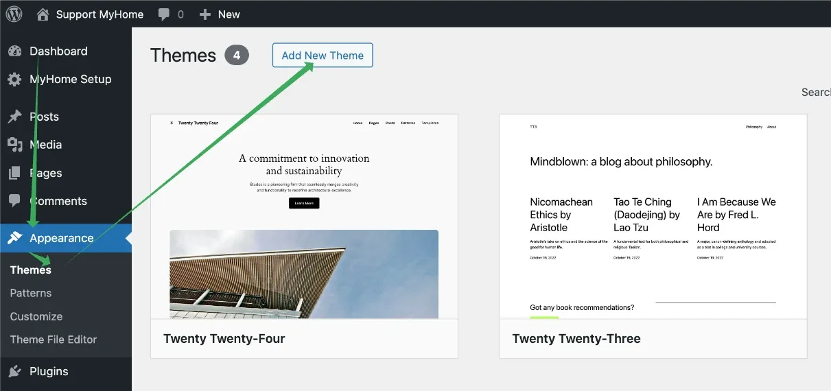 The WordPress Themes screen with arrows pointing to Appearance > Themes in the sidebar and to the Add New Theme button at the top; the installed themes are Twenty Twenty-Four and Twenty Twenty-Three.