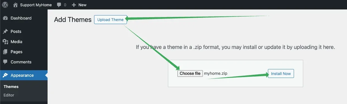 The Add Themes screen with arrows on the Upload Theme button, the Choose File control showing myhome.zip, and the Install Now button.
