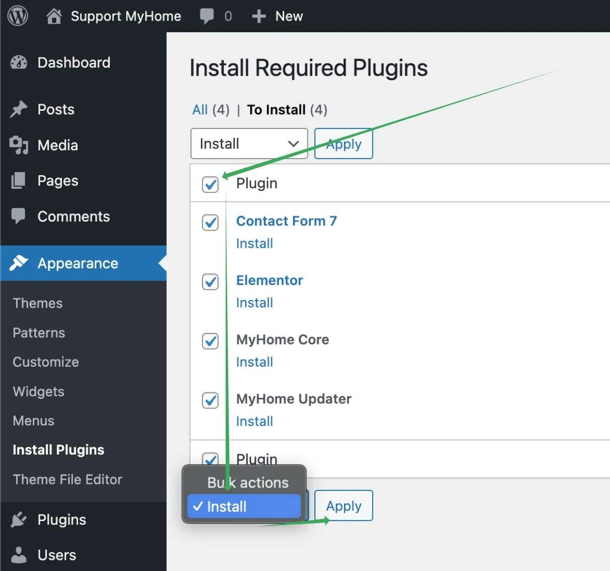 The Install Required Plugins screen with Contact Form 7, Elementor, MyHome Core and MyHome Updater all ticked, and the bulk actions menu open on Install next to the Apply button.