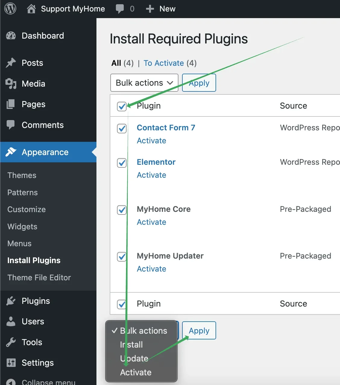 The Install Required Plugins screen on the To Activate tab, with all four plugins ticked and the bulk actions menu open on Activate next to the Apply button.