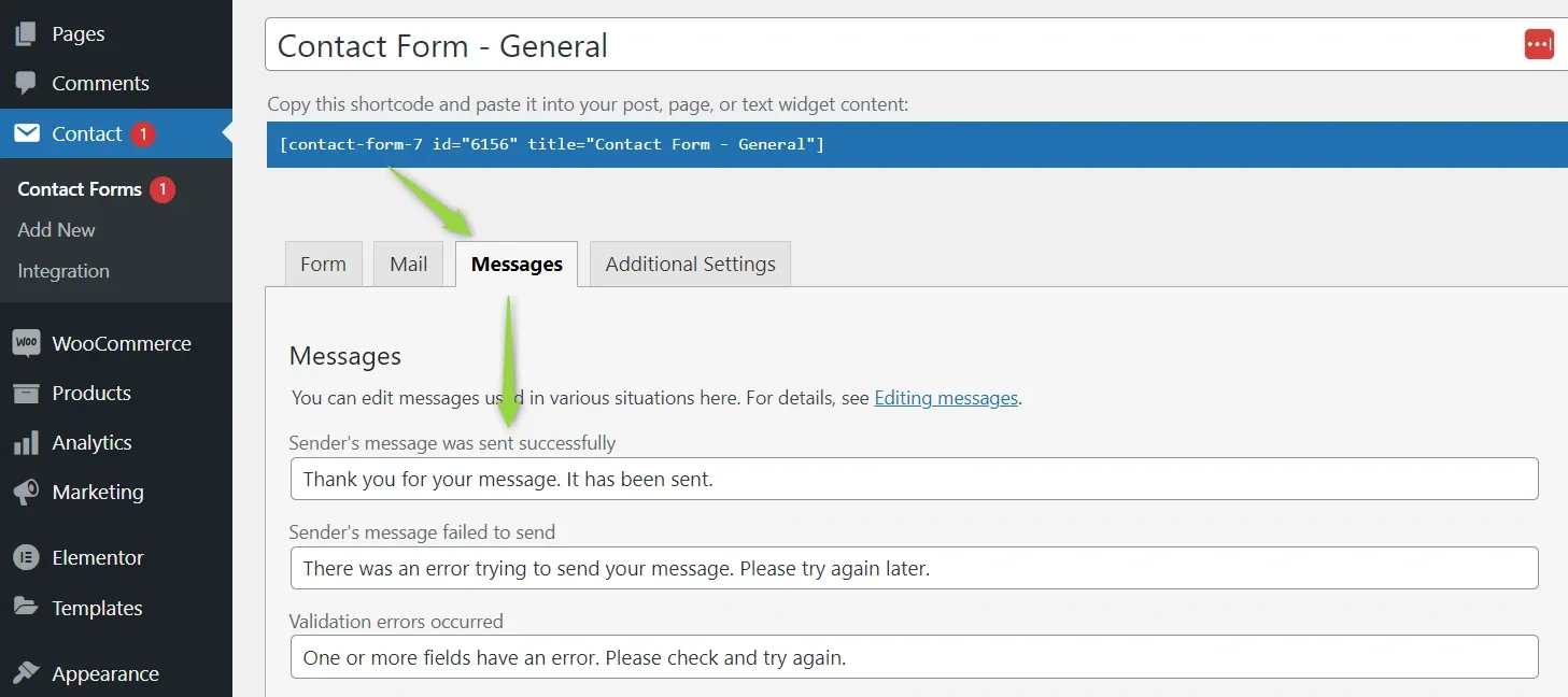 The Messages tab of Contact Form 7 with the success message "Thank you for your message. It has been sent." and the sending-failed and validation error messages below it.