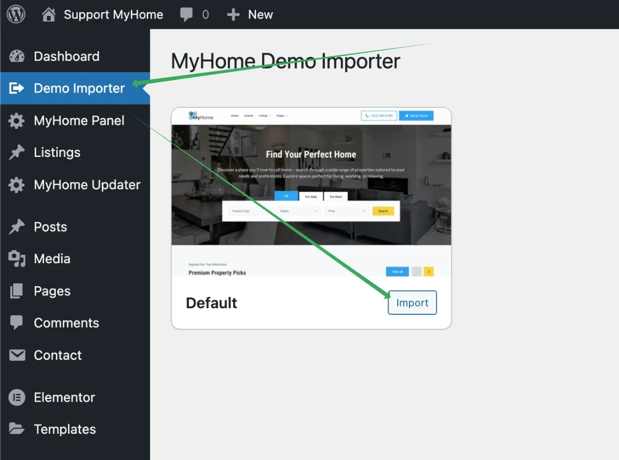 The MyHome Demo Importer screen opened from the sidebar, showing one demo named Default with a thumbnail of its homepage and an Import button.