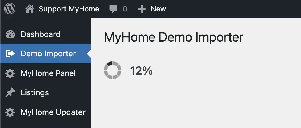 The MyHome Demo Importer screen showing a progress spinner at 12%.