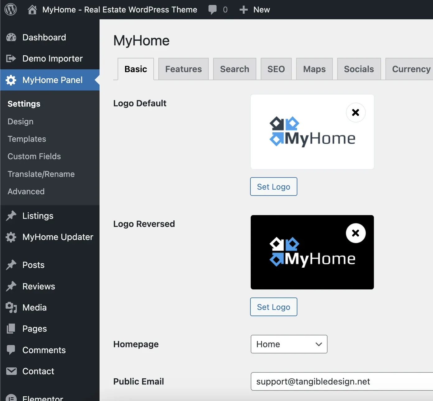 The MyHome Panel settings, Basic tab, with Logo Default and Logo Reversed upload fields, a Homepage dropdown, and a Public Email field.