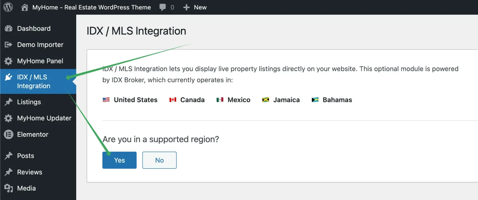 MyHome IDX / MLS Integration screen in WordPress admin, listing the supported countries and asking "Are you in a supported region?" with Yes and No buttons.