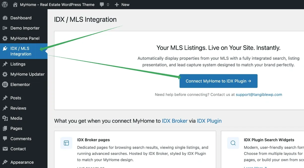 The IDX / MLS Integration welcome screen with the blue "Connect MyHome to IDX Plugin" button in the middle of the page.