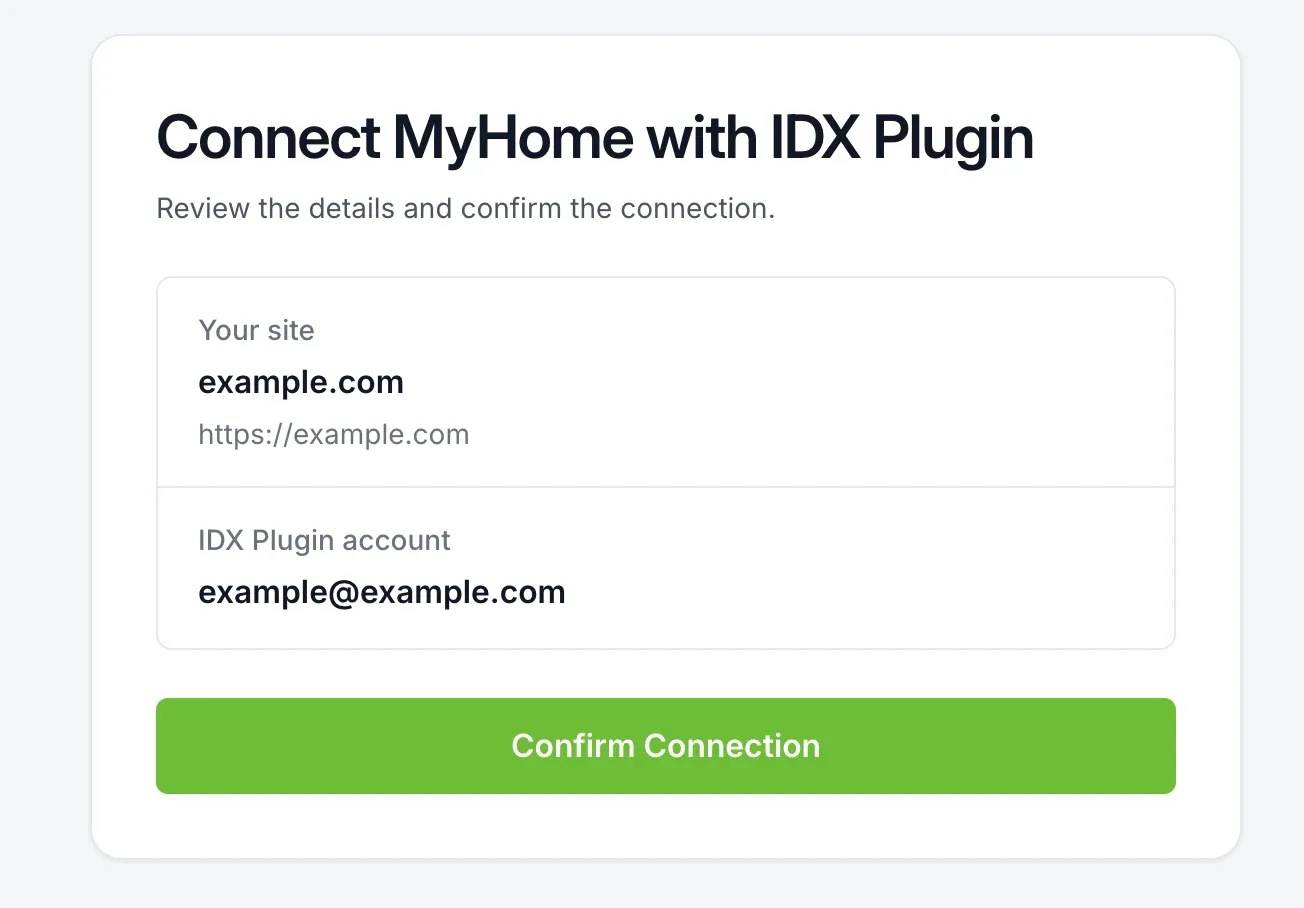The "Connect MyHome with IDX Plugin" confirmation card showing the site address and the IDX Plugin account email, with a green Confirm Connection button below.