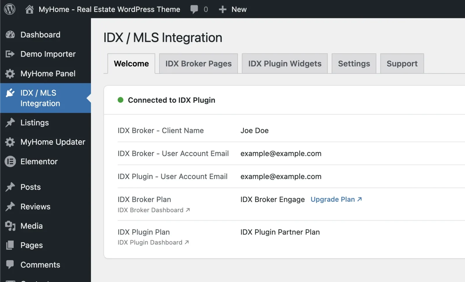 The Welcome tab of IDX / MLS Integration showing a green "Connected to IDX Plugin" status with the IDX Broker client name, the account emails, and the IDX Broker and IDX Plugin plan names.