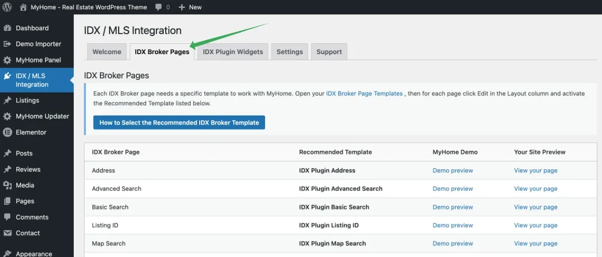 The IDX Broker Pages tab listing pages such as Address, Advanced Search, Basic Search, Listing ID and Map Search, each with its recommended IDX Plugin template, a demo preview link and a link to your own page.