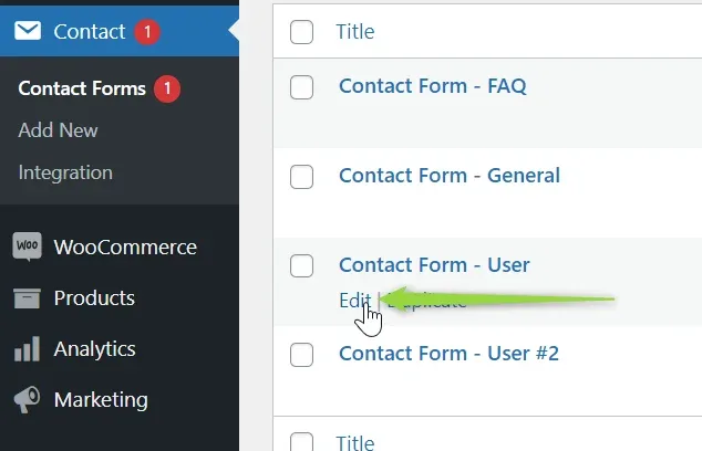 The Contact Forms list with the Edit link under Contact Form - User highlighted.