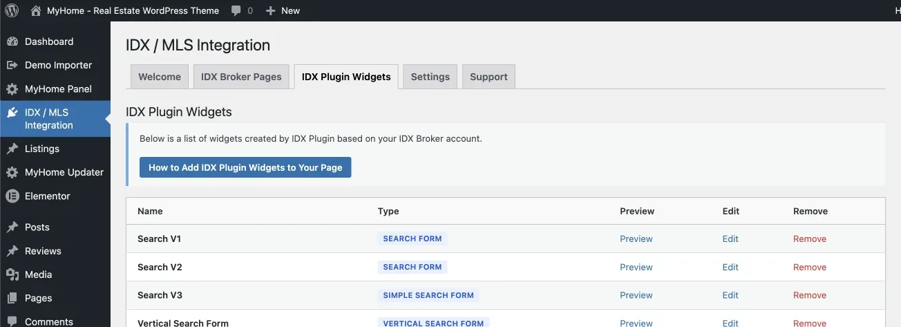 The IDX Plugin Widgets tab listing widgets available from your IDX Broker account — Search V1, Search V2, Search V3 and Vertical Search Form — each with its type and Preview, Edit and Remove links.