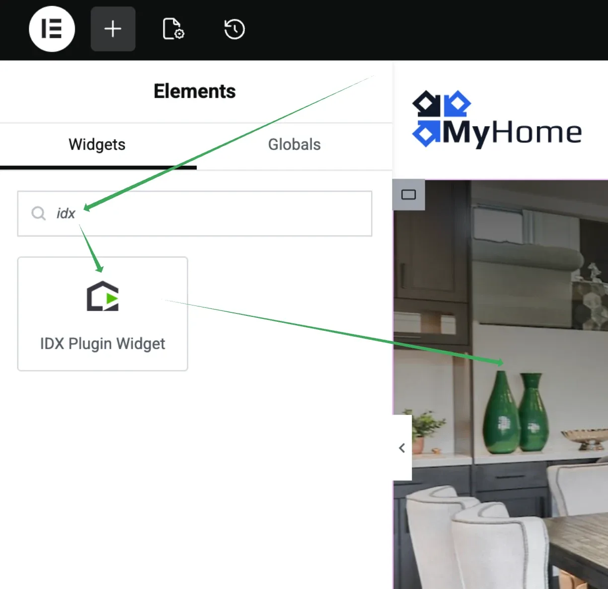 The Elementor Elements panel with "idx" typed into the widget search box and a single result below it: IDX Plugin Widget.
