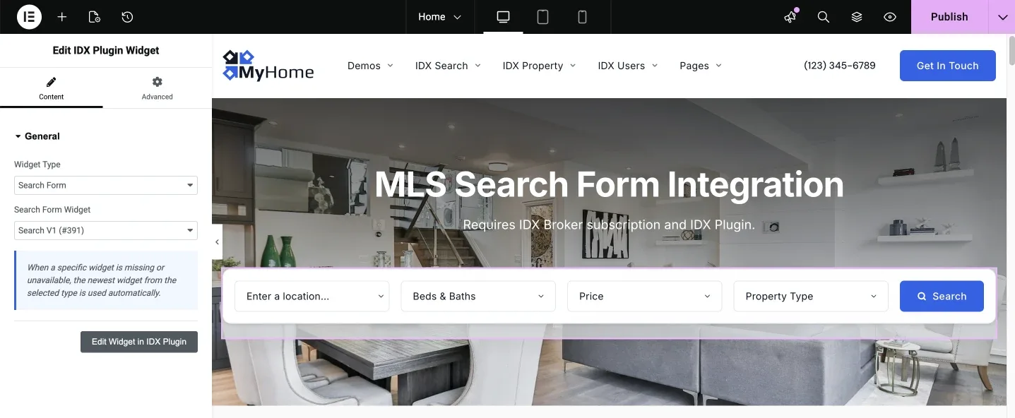 The Elementor editor with the Edit IDX Plugin Widget panel open on the left, showing the Widget Type and Widget Search Form selects, and the resulting MLS search form rendered over the page hero on the right.