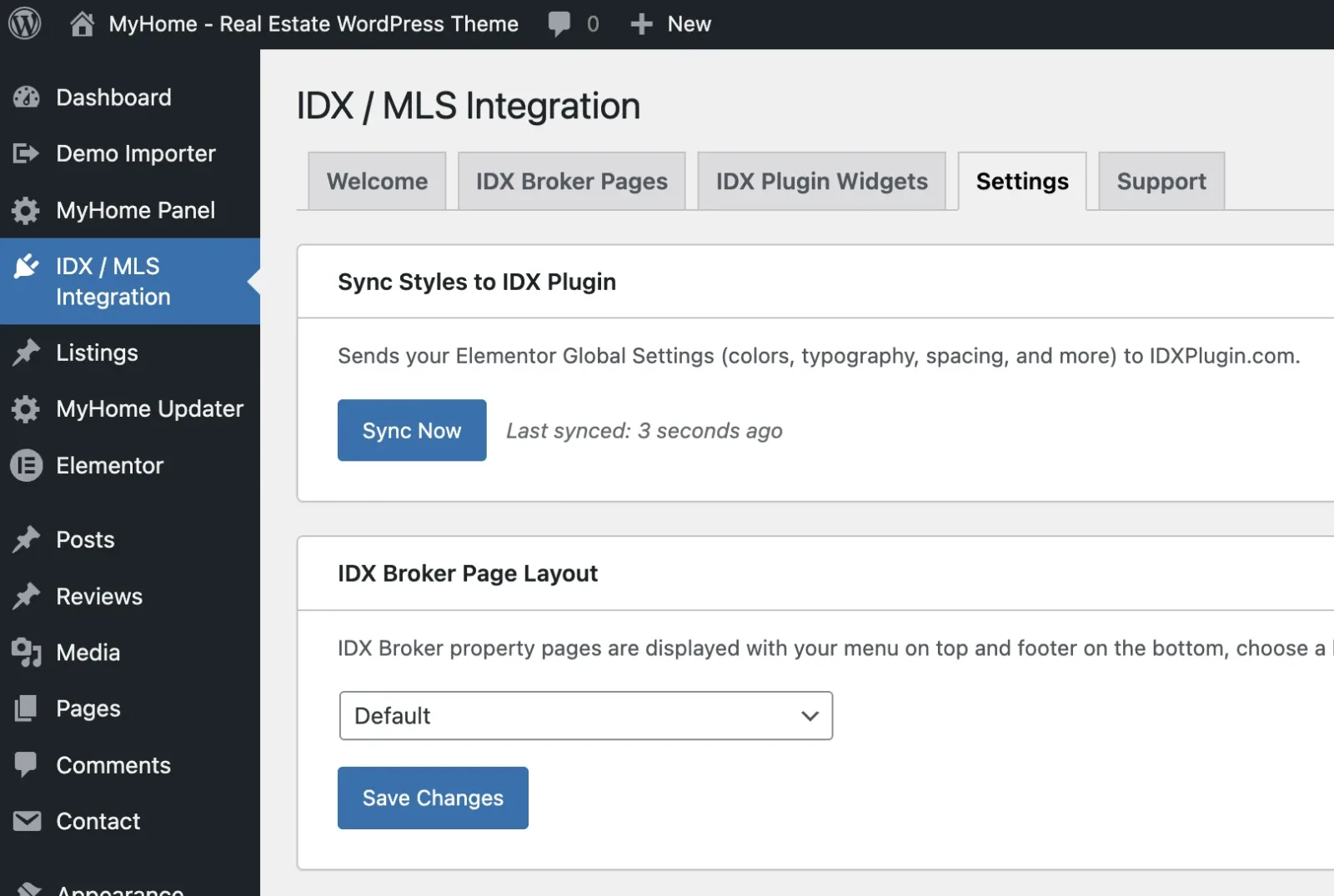 The Settings tab of IDX / MLS Integration with the Sync Styles to IDX Plugin panel and its Sync Now button, and below it the IDX Broker Page Layout dropdown set to Default with a Save Changes button.
