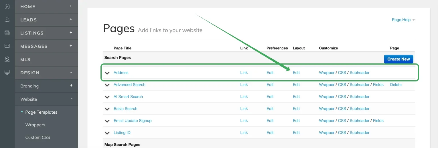 The same Pages table with the Address row outlined in green and an arrow pointing at the Edit link in its Layout column.