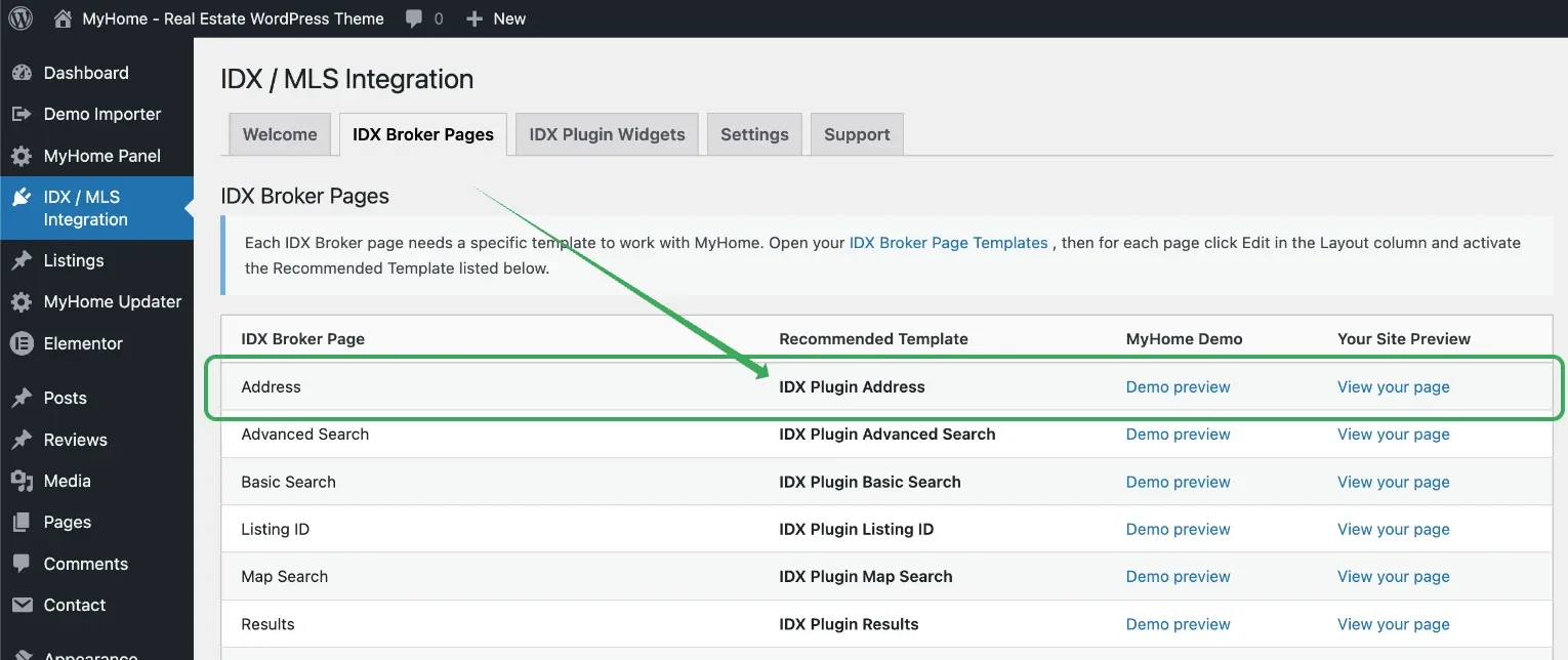MyHome's IDX Broker Pages tab with the Address row highlighted, showing "IDX Plugin Address" in the Recommended Template column next to Demo preview and View your page links.