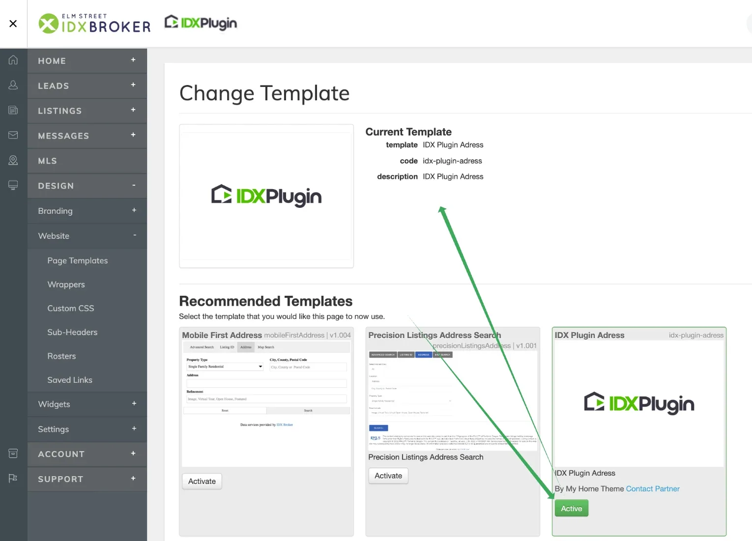 The Change Template screen after activation: Current Template now names the IDX Plugin template, and its card on the right is highlighted with a green Active button.