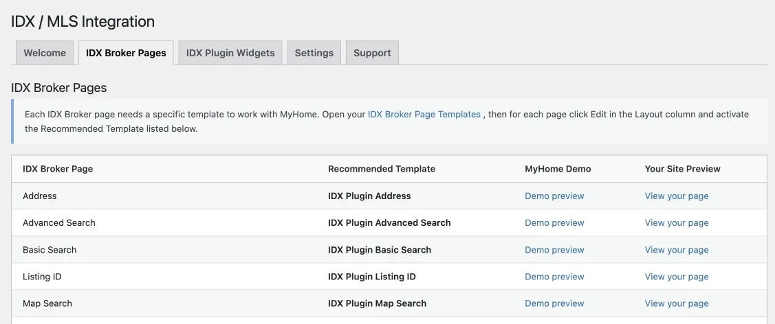 MyHome's IDX Broker Pages tab listing Address, Advanced Search, Basic Search, Listing ID and Map Search with their recommended templates, and a Demo preview link and a View your page link in every row.