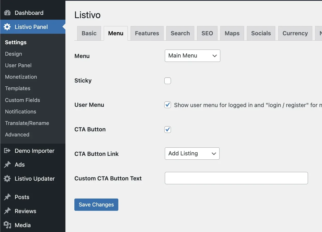Listivo Panel Settings on the Menu tab, listing Menu, Sticky, User Menu, CTA Button, CTA Button Link and Custom CTA Button Text options above a Save Changes button.