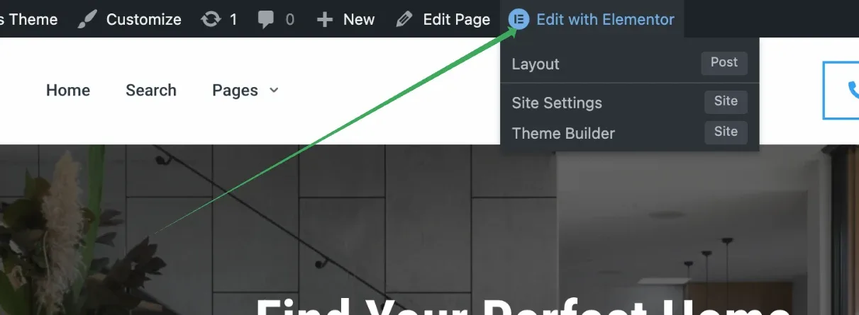 WordPress admin bar with the Edit with Elementor menu open over the homepage, showing Layout, Site Settings and Theme Builder entries.