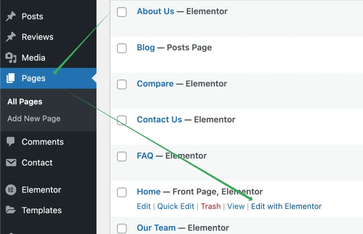 WordPress Pages list with the Pages menu highlighted and the Edit with Elementor link showing in the row actions under the Home page.