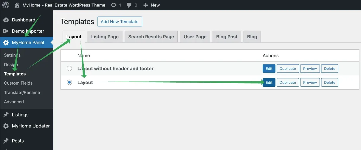 MyHome Panel Templates screen on the Layout tab, listing 'Layout without header and footer' and 'Layout', with the Edit button of the selected Layout highlighted.