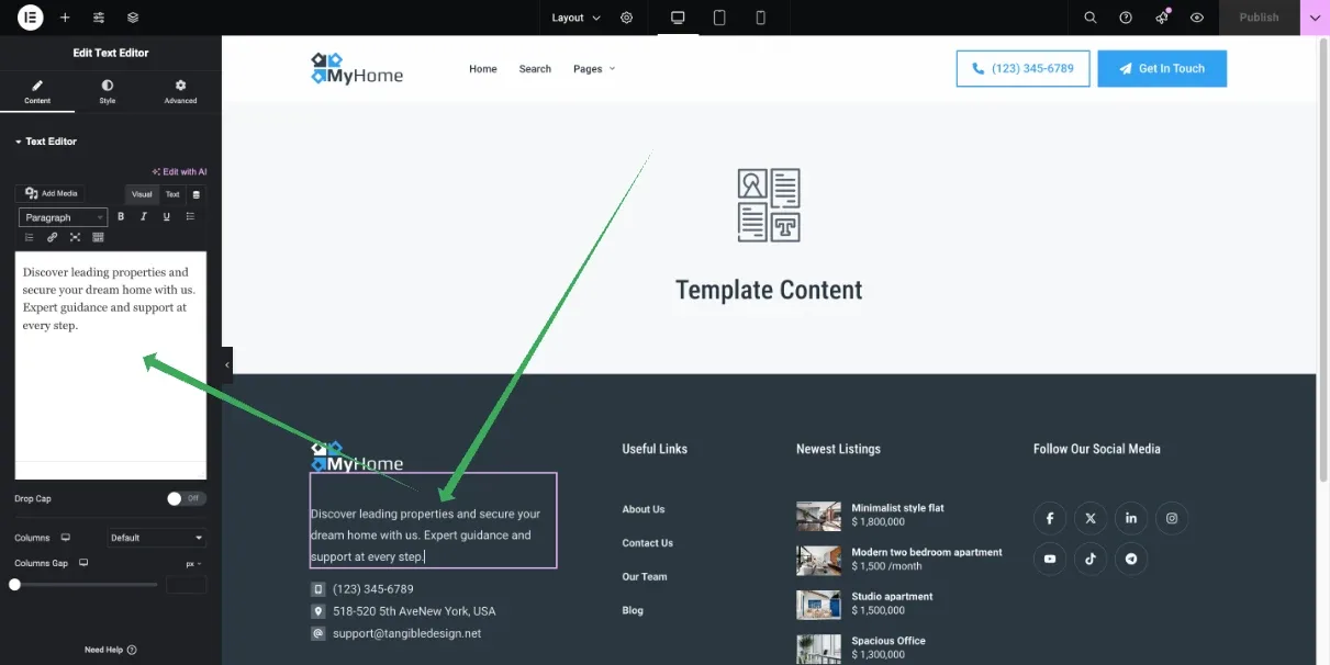 Elementor editing a MyHome layout: the footer's about-us text is selected on the canvas and the text editor panel is open on the left.