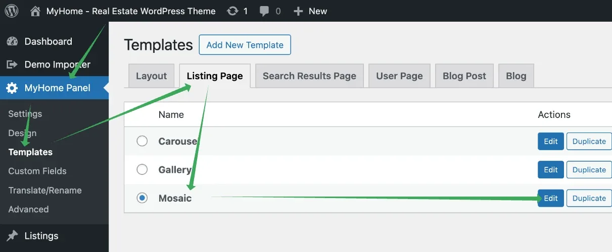 Templates screen on the Listing Page tab, listing the Carousel, Gallery and Mosaic templates with Mosaic selected and its Edit button highlighted.