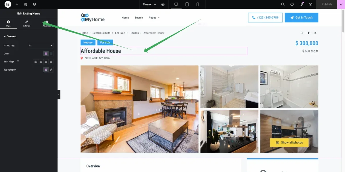 Elementor editing the single listing template, showing the 'Affordable House' listing with its price, photo gallery and the start of the Overview section.