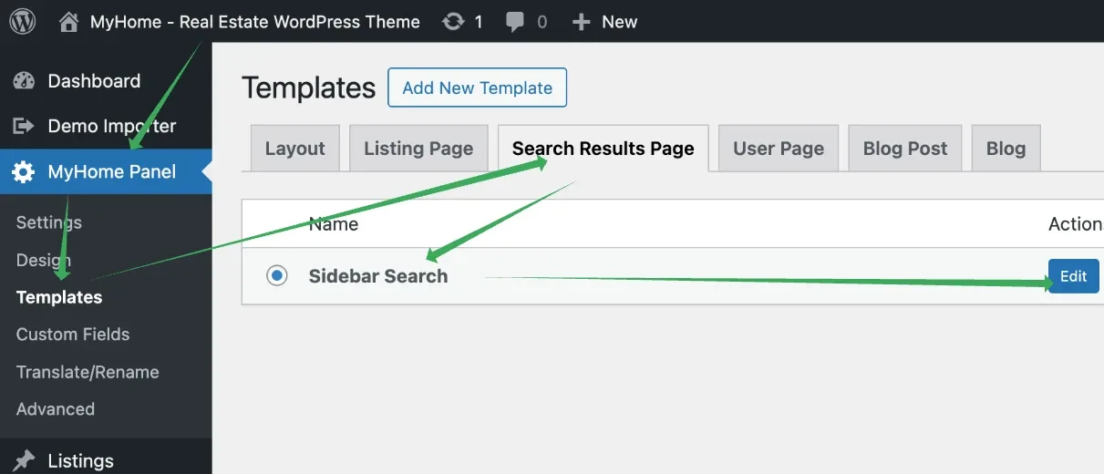 Templates screen on the Search Results Page tab, showing the Sidebar Search template with its Edit button highlighted.