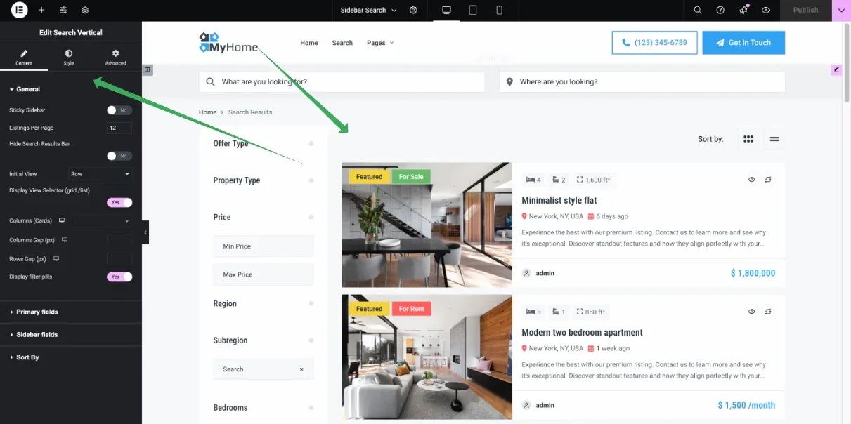 Elementor editing the Sidebar Search results template: the filter sidebar with Offer Type, Property Type, Price and Region on the left, listing cards on the right.