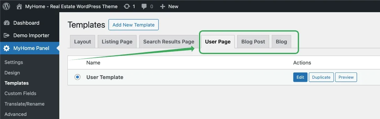 Templates screen with the User Page, Blog Post and Blog tabs outlined; the User Page tab shows a single User Template row with Edit, Duplicate and Preview buttons.