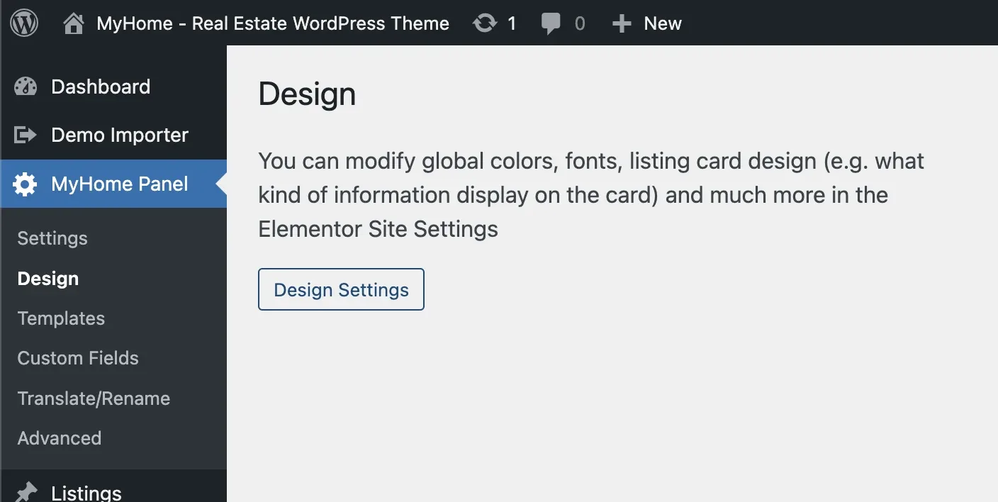 MyHome Panel Design screen explaining that global colours, fonts and listing card design are set in Elementor Site Settings, with a Design Settings button below.