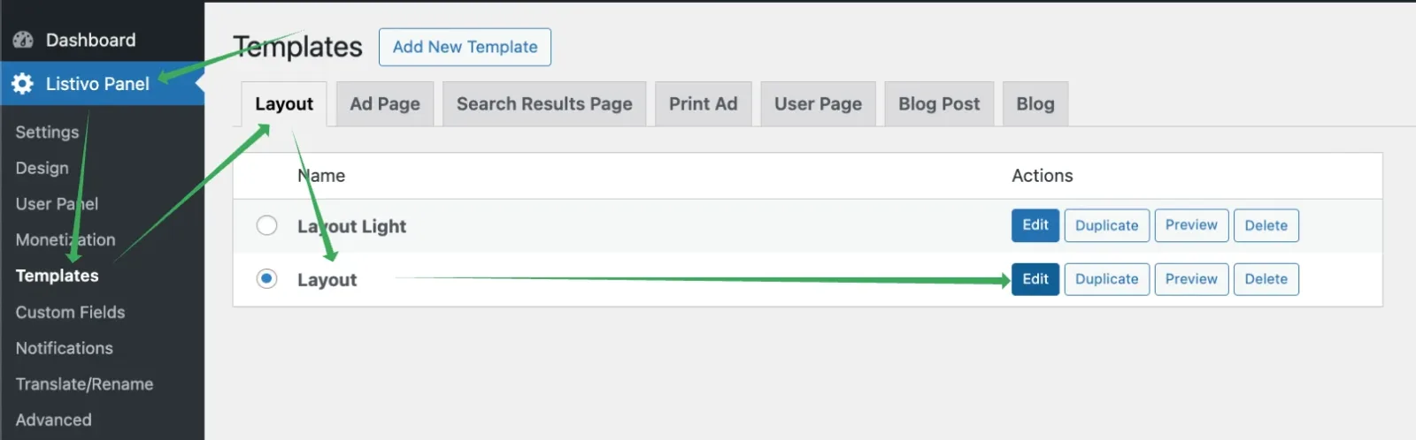 Listivo Panel Templates screen on the Layout tab, with green arrows pointing to Templates in the sidebar and to the Edit button on the row named Layout.