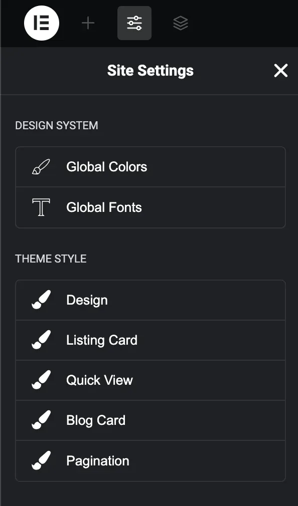 Elementor Site Settings panel: Global Colors and Global Fonts under Design System, and Design, Listing Card, Quick View, Blog Card and Pagination under Theme Style.