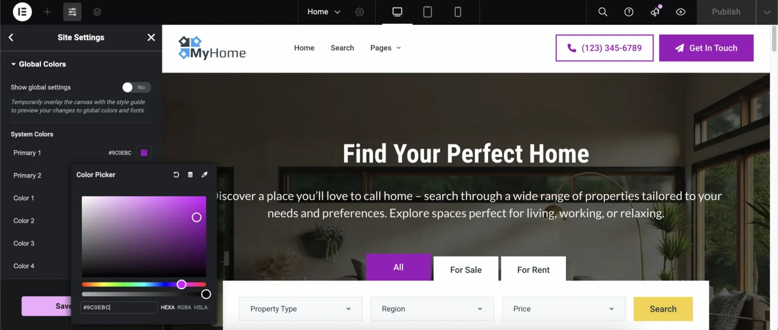 Elementor Global Colors panel with the colour picker open on the primary purple, previewing the MyHome homepage behind it.