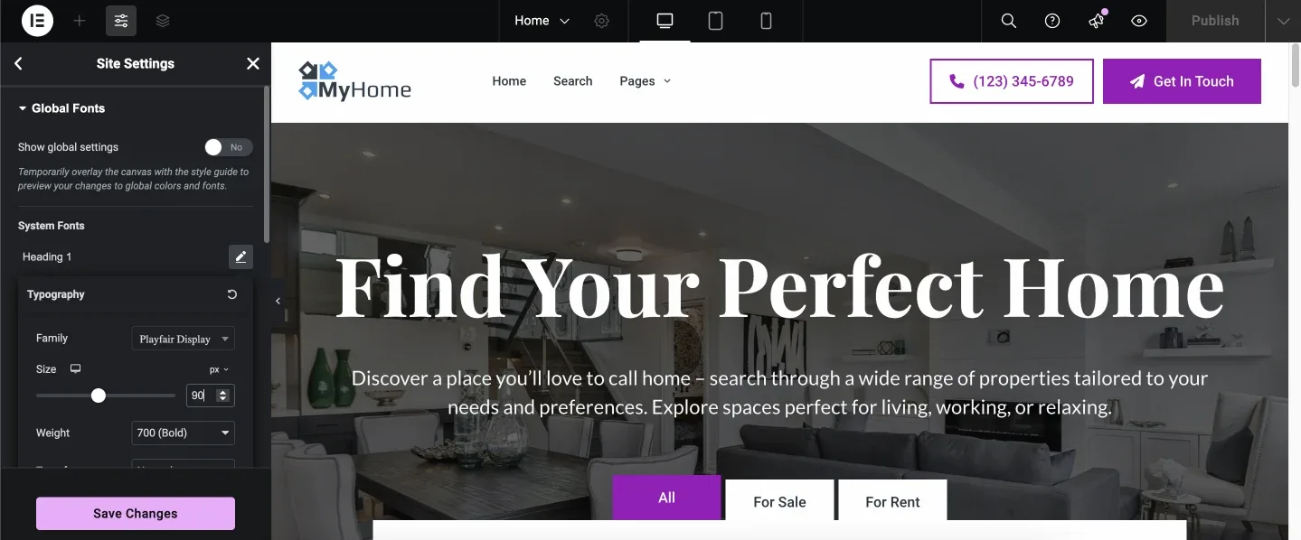 Elementor Global Fonts panel with the primary typography set to Playfair Display, previewing the MyHome homepage heading.