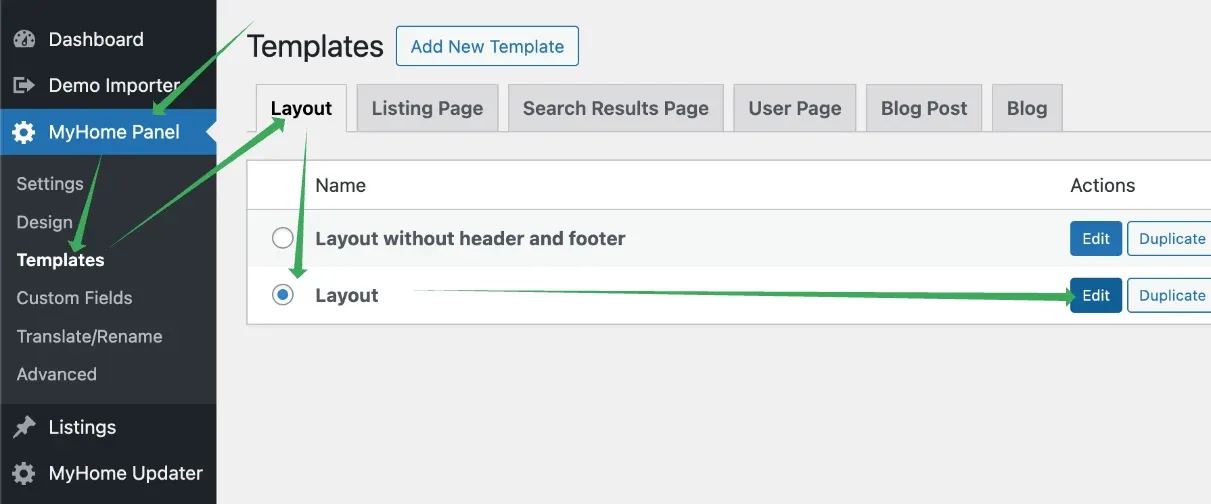 MyHome Panel Templates screen on the Layout tab, with the Layout row selected and its Edit button highlighted.