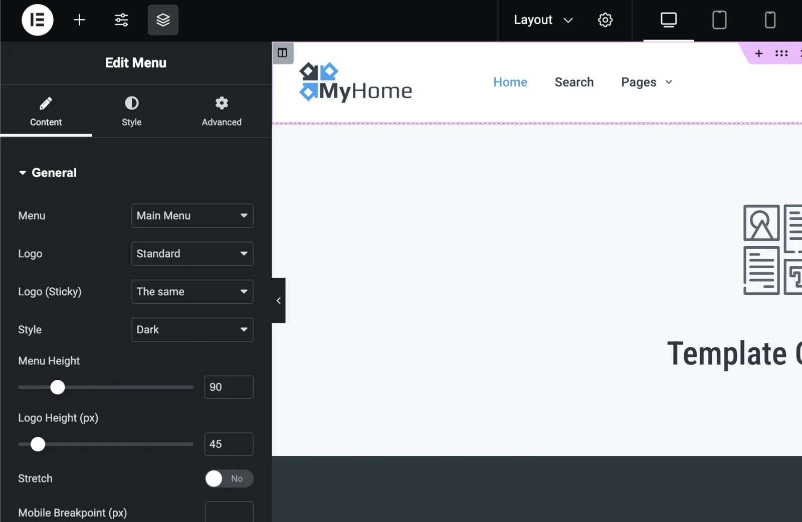 Elementor's Edit Menu panel on the Content tab, with General settings for Menu, Logo, Logo (Sticky), Style, Menu Height, Logo Height, Stretch and Mobile Breakpoint.