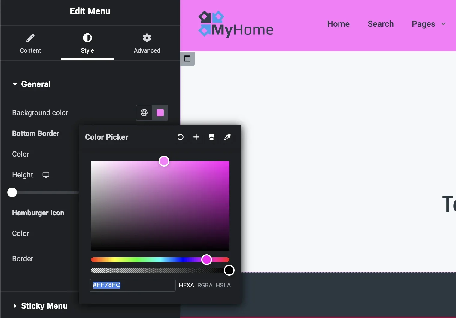Edit Menu panel on the Style tab with the colour picker open on the menu background colour, turning the preview header pink; Bottom Border, Hamburger Icon and Sticky Menu sections are below.