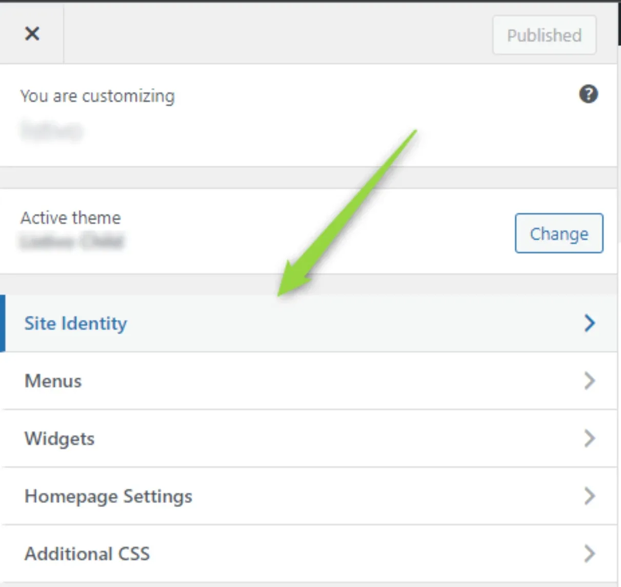 The Customizer sidebar with Site Identity at the top of the list, above Menus, Widgets, Homepage Settings and Additional CSS.