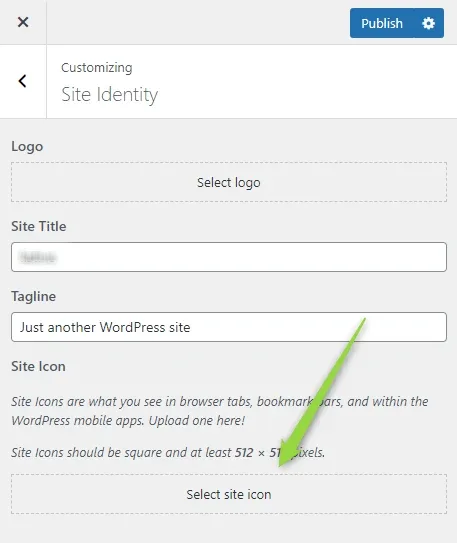 The Site Identity panel with Logo, Site Title, Tagline and, at the bottom, the Site Icon section with a Select site icon button.