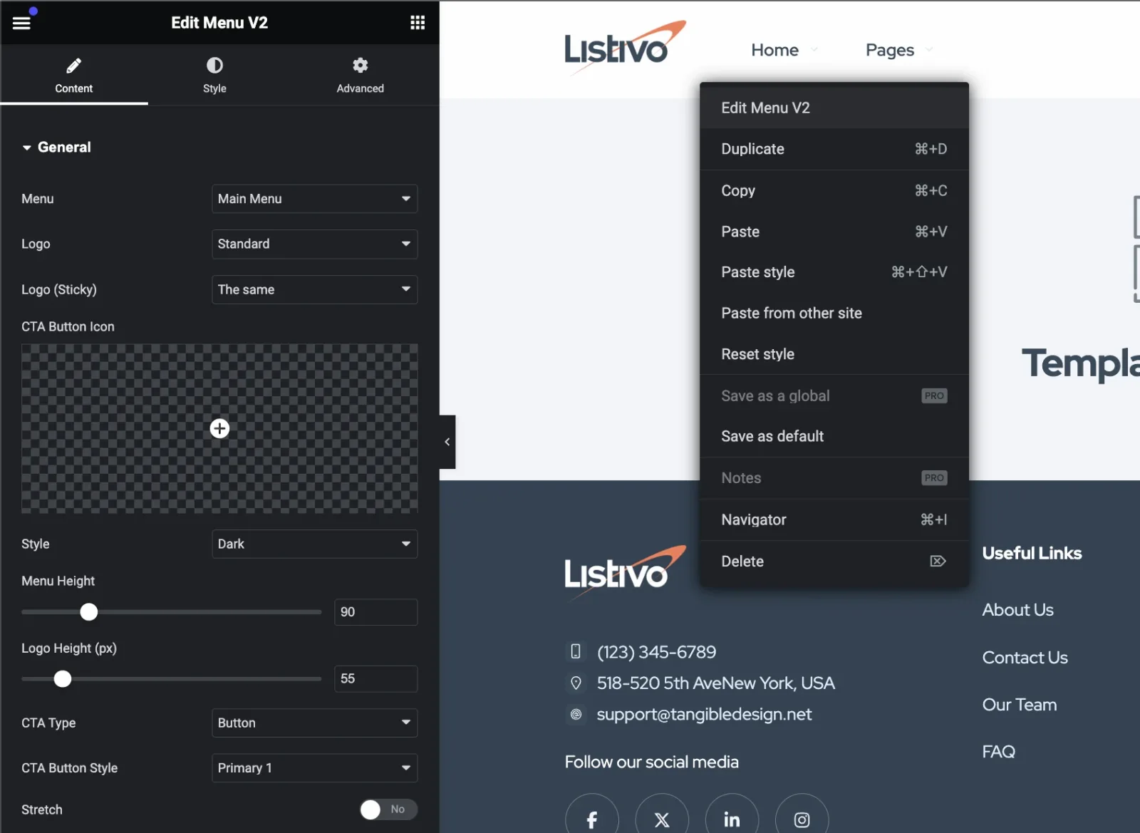 Elementor with the Edit Menu V2 widget open on the Content tab, showing Menu, Logo, Logo (Sticky), CTA Button Icon, Style, Menu Height, Logo Height, CTA Type, CTA Button Style and Stretch controls.