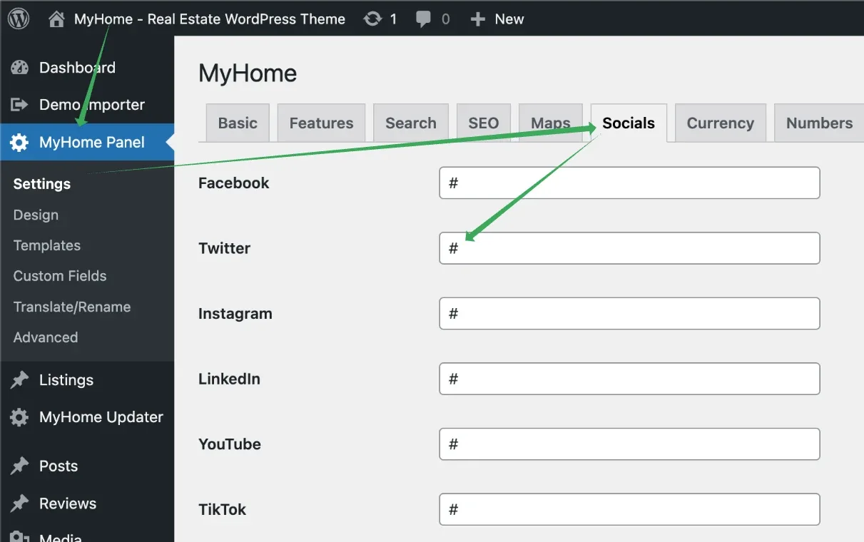 MyHome Panel Settings on the Socials tab, with Facebook, Twitter, Instagram, LinkedIn, YouTube and TikTok fields each holding a # placeholder.