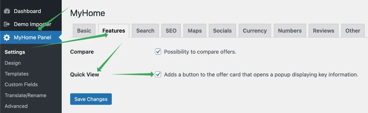 MyHome Panel Settings on the Features tab, with the Quick View checkbox ticked and described as adding a button to the offer card that opens a popup with key information.