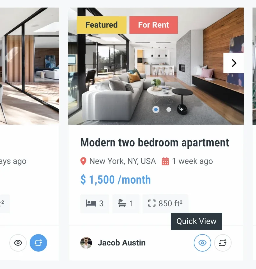 A listing card for 'Modern two bedroom apartment' with the eye icon in its bottom-right corner hovered and a Quick View tooltip above it.