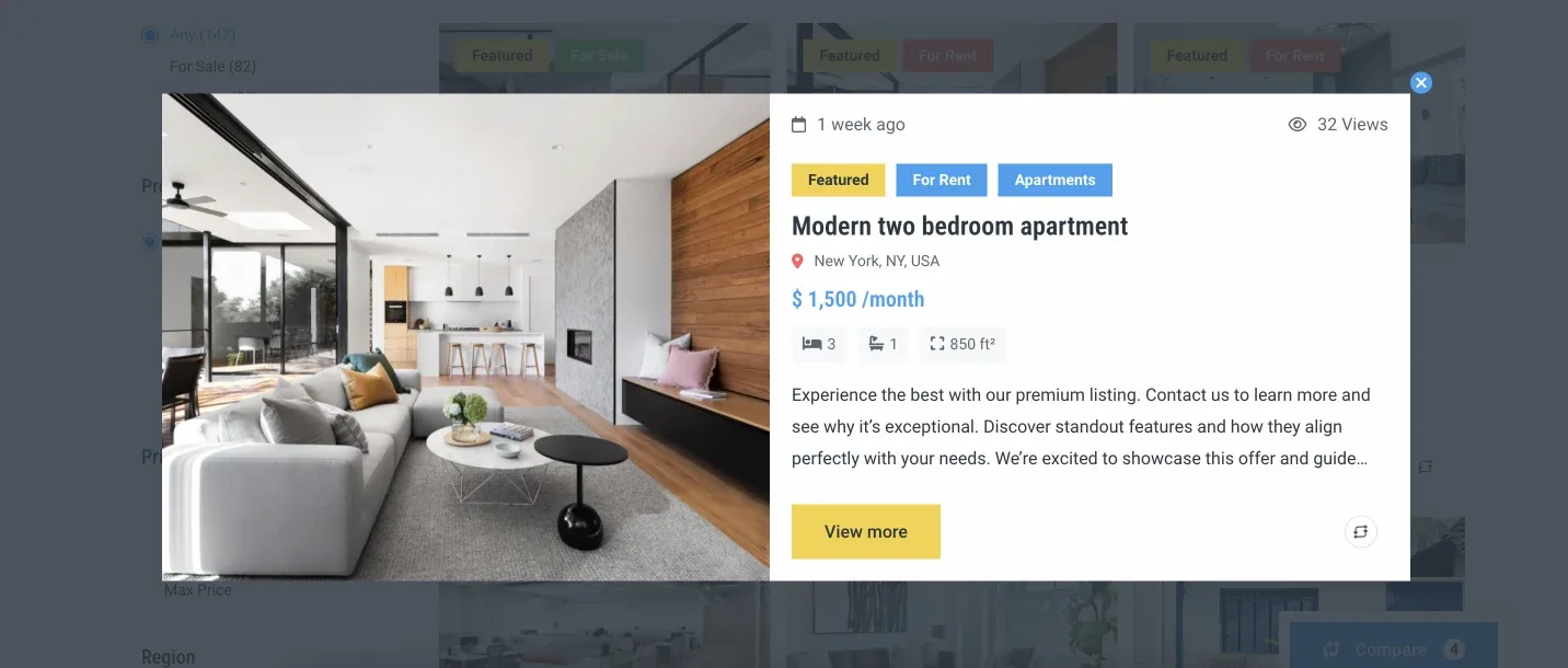 The Quick View popup over a dimmed search results page: a large photo on the left and, on the right, the listing's badges, title, location, price, bed and bath counts, description and a View more button.